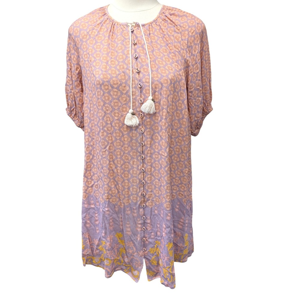 Spell Lilac Orange Floral Mini Dress XS Tassel Boho Puff